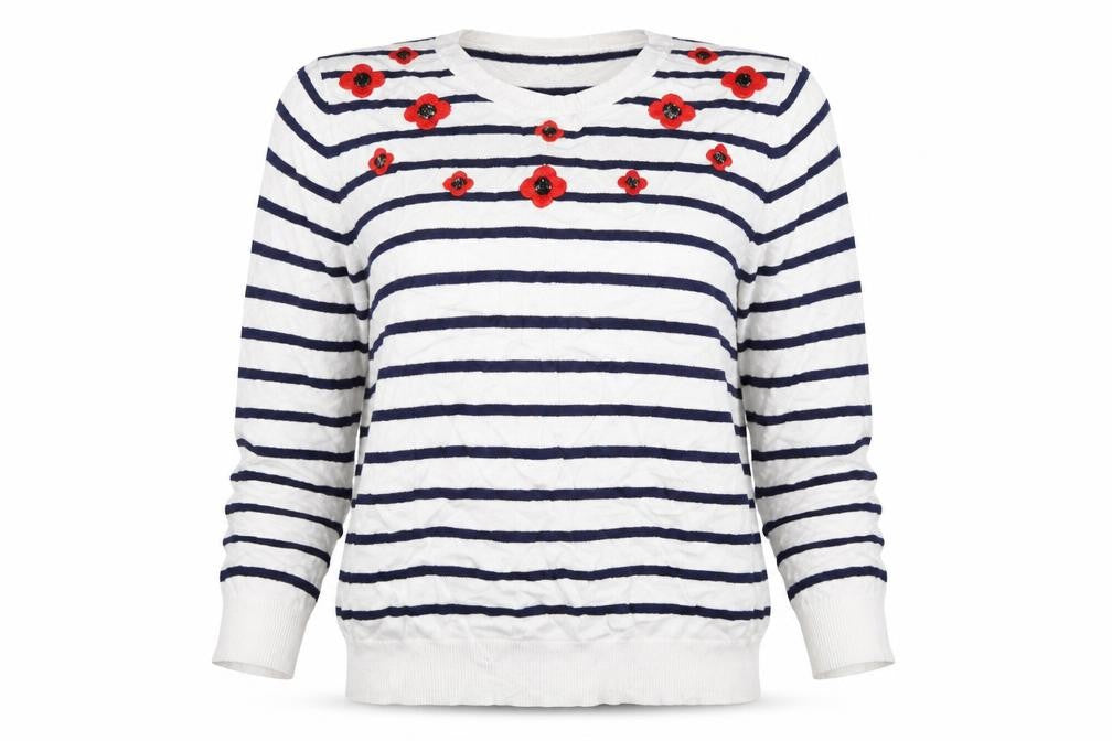 Front view of Mudflower women’s white striped jumper, size S