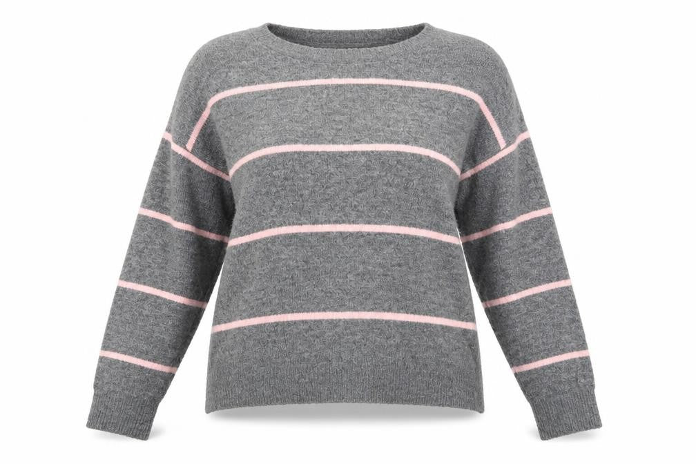 Front view of H&M women’s grey striped jumper, size S