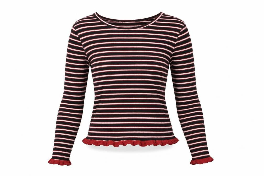 Front view of Primark women’s black striped pullover sweatshirt, size UK 6