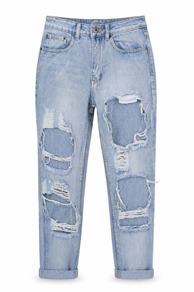 Front view of The Rockn Rev women’s blue denim mom jeans, size UK 8, 27-inch leg