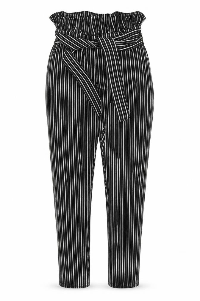 Front view of PRETTYLITTLETHING women’s black striped trousers, size UK 10, 27-inch leg