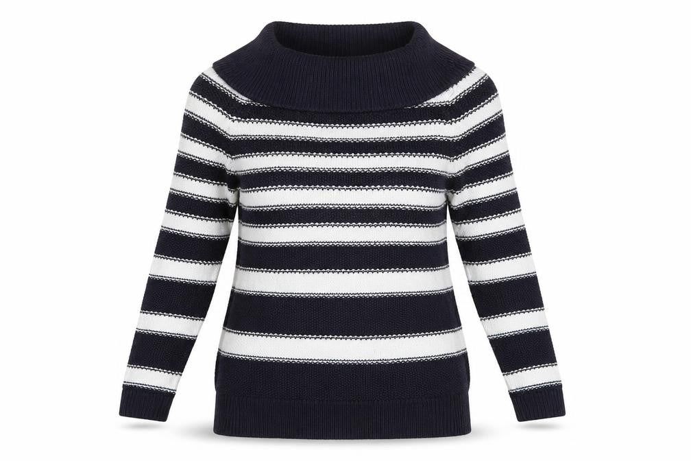 Front view of Marks & Spencer women’s blue striped jumper, size UK 8