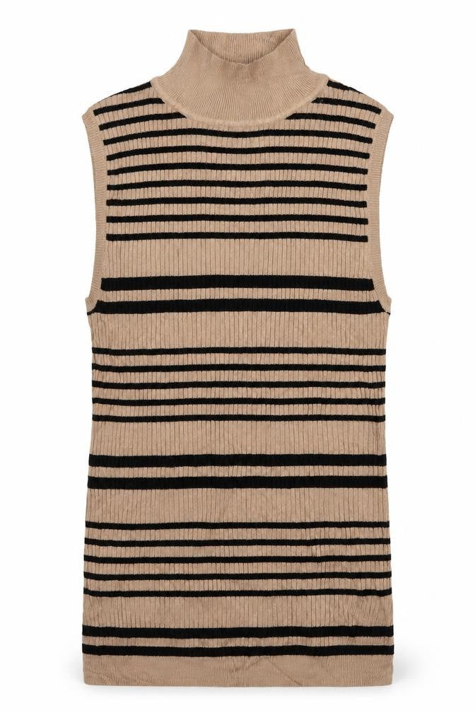 Front view of Select women’s brown striped vest jumper, size UK 12