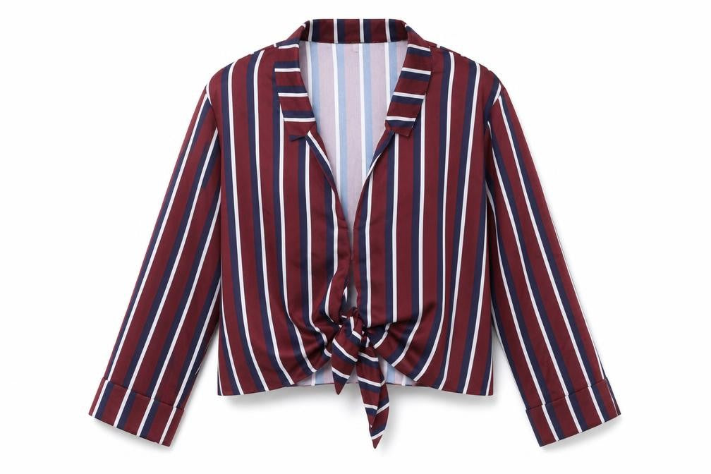 Front view of River Island women’s brown striped satin basic blouse, size UK 14
