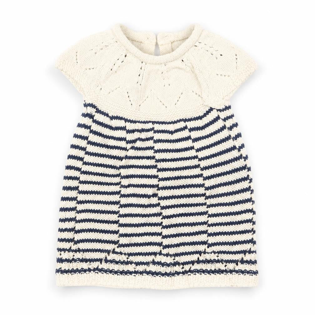 Front view of Next girls’ white striped knit a-line, size 9-12, months