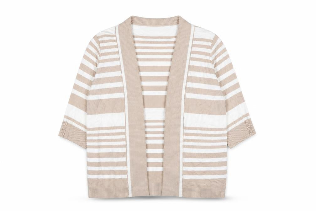 Front view of isle women’s beige striped cardigan jumper, size UK 18