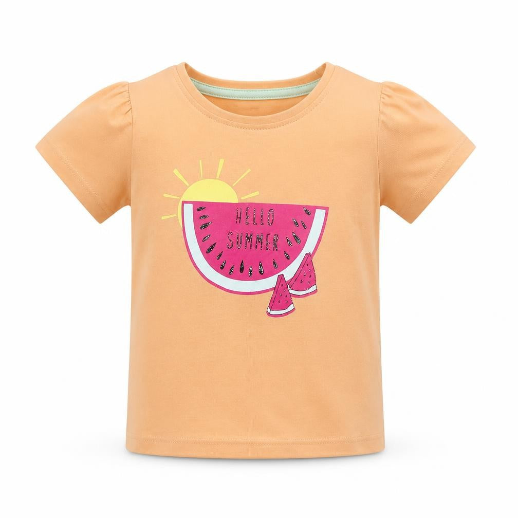 Front view of Primark girls’ orange basic t-shirt, size 12-18, months - melons