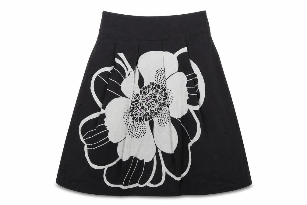 Front view of King La women’s black floral a-line skirt, size L