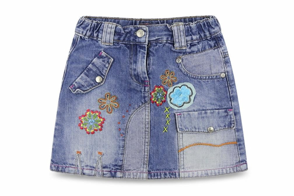 Front view of Me Too girls’ blue floral denim a-line skirt, size 6, years