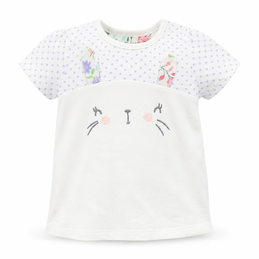 Front view of Nutmeg girls’ white polka dot basic t-shirt, size 6-9, months - rabbit