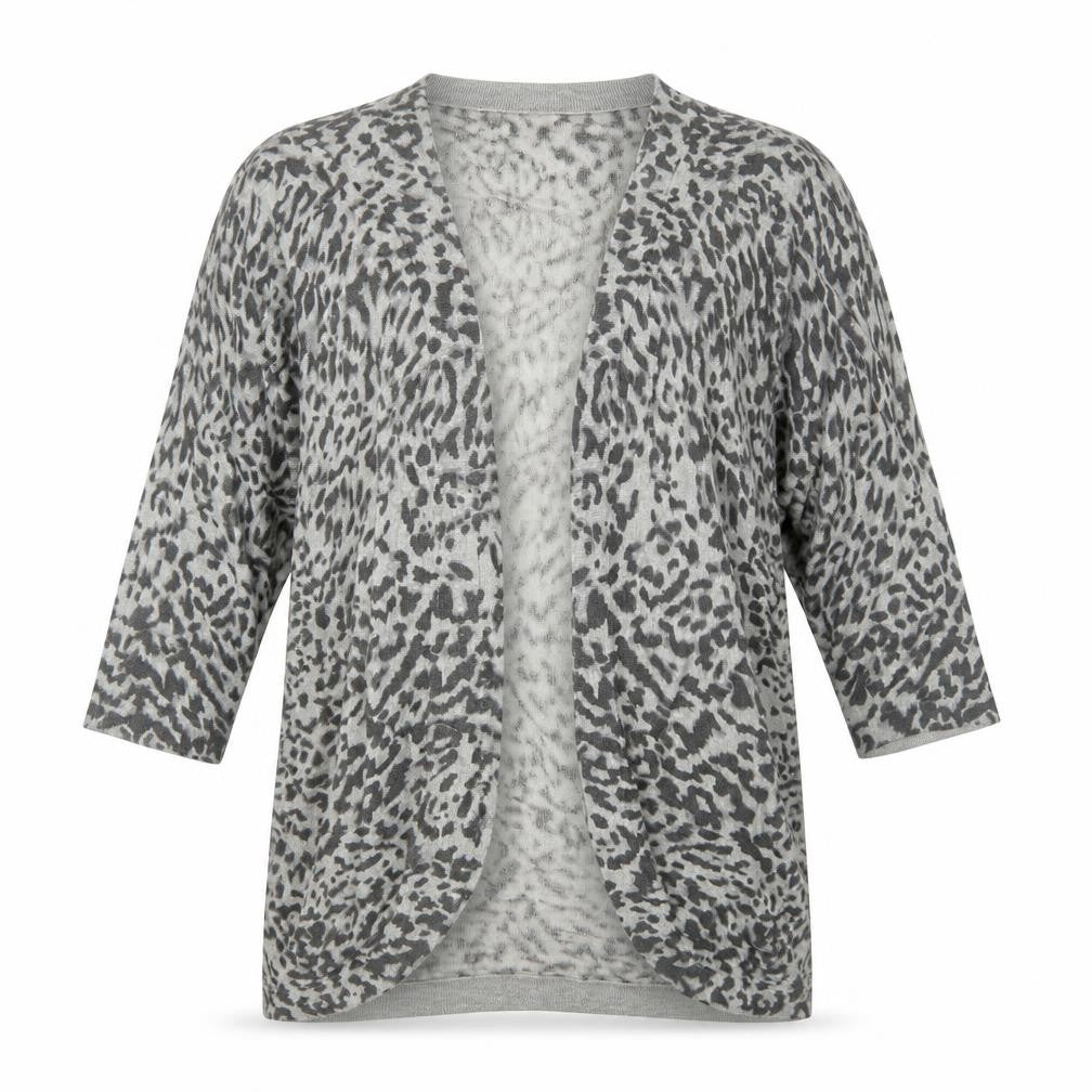 Front view of H&M women’s grey animal print knit cardigan jumper, size S
