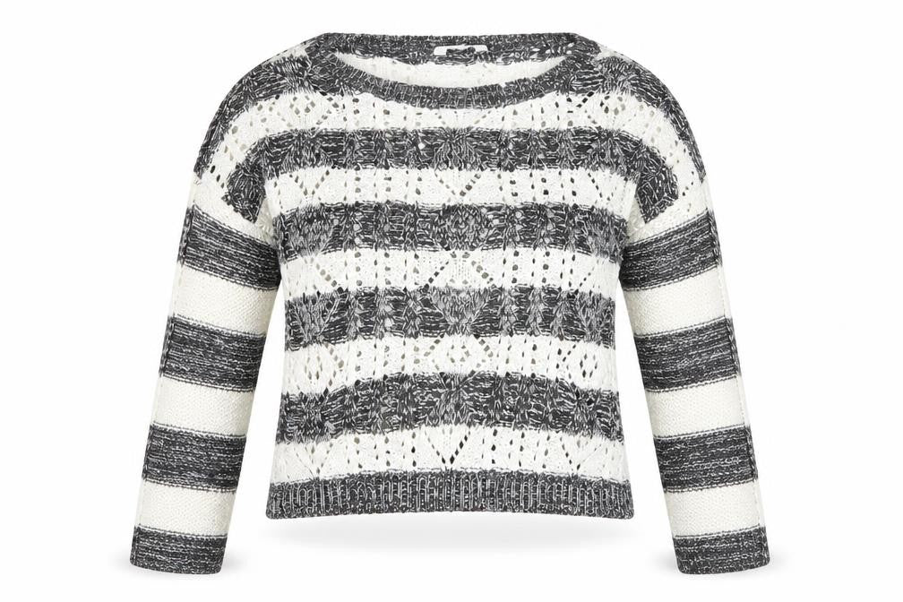Front view of New Look women’s grey striped jumper, size UK 12
