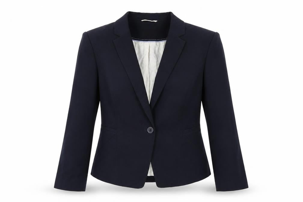Front view of Marks & Spencer women’s blue jacket suit, size UK 2