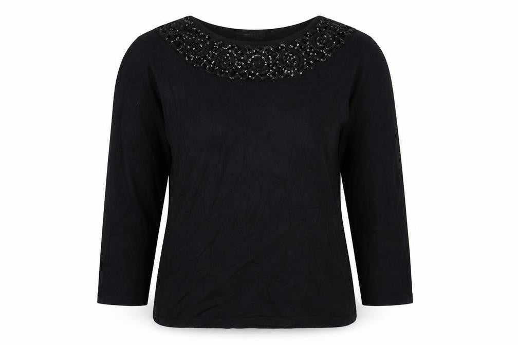 Front view of David Emanuel women’s black jumper, size S, - sequin