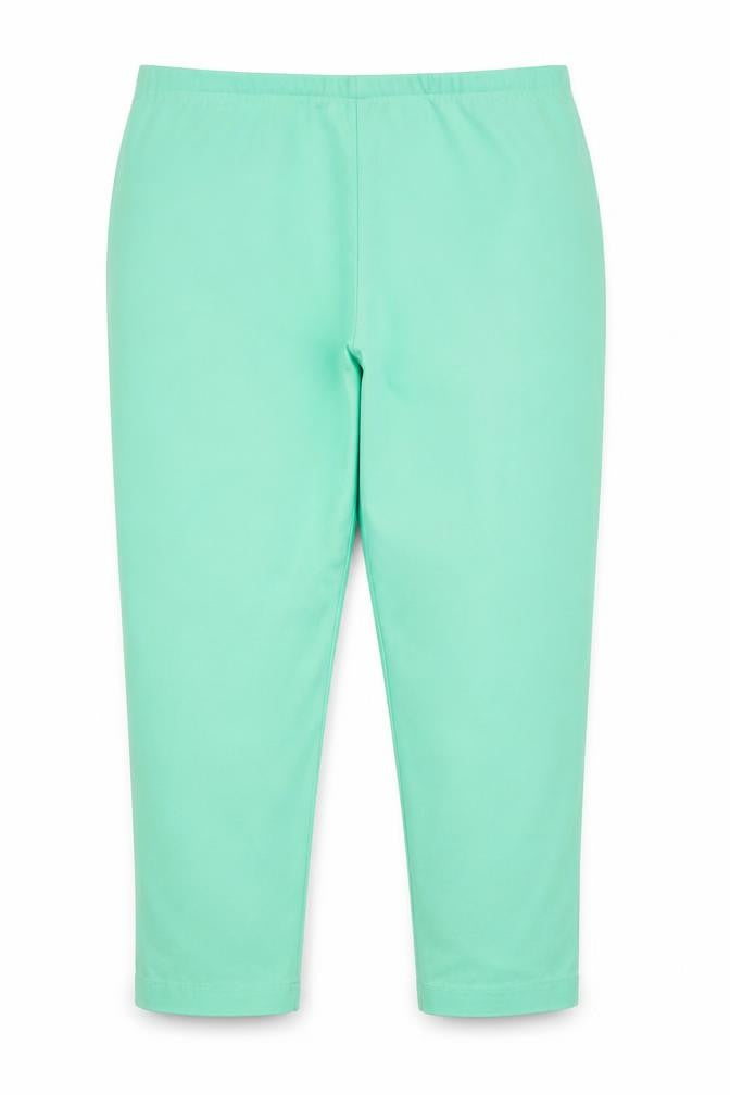 Front view of Simply Stockshop women’s green capri trousers, size UK 10, 20-inch leg