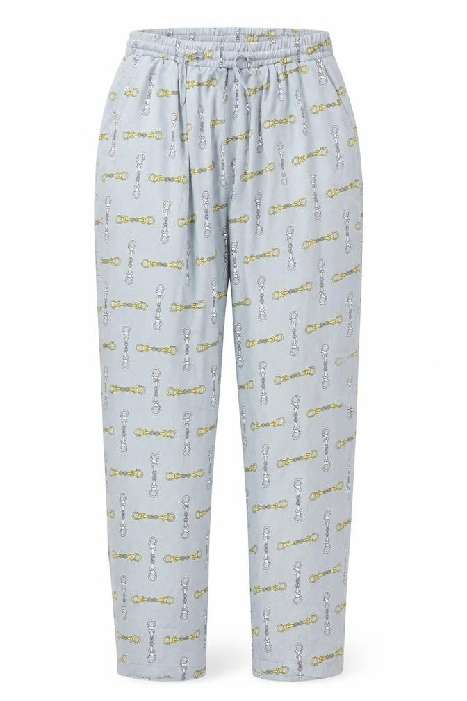 Front view of PRETTYLITTLETHING women’s blue trousers, size UK 10, 26-inch leg - chain pattern