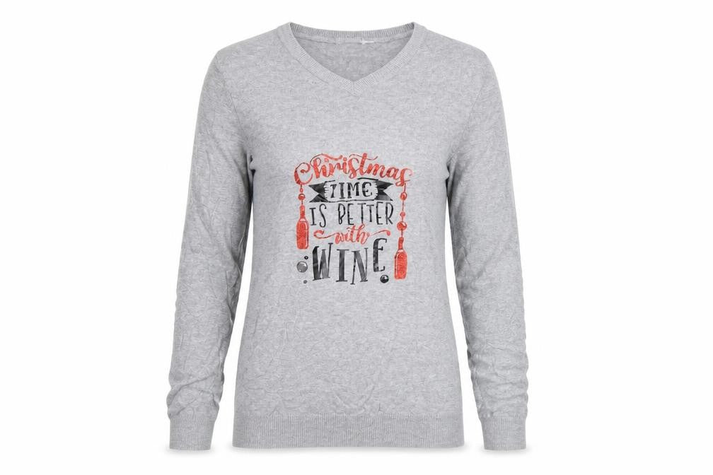 Front view of H&M women’s grey jumper, size S, - christmas wine