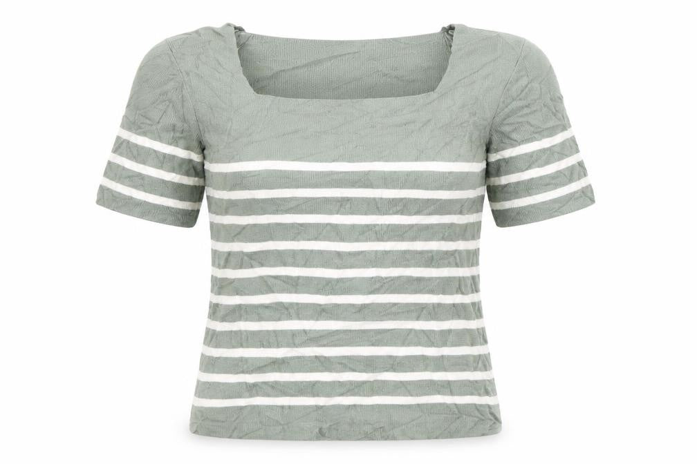 Front view of Marks & Spencer women’s green striped jumper, size UK 8