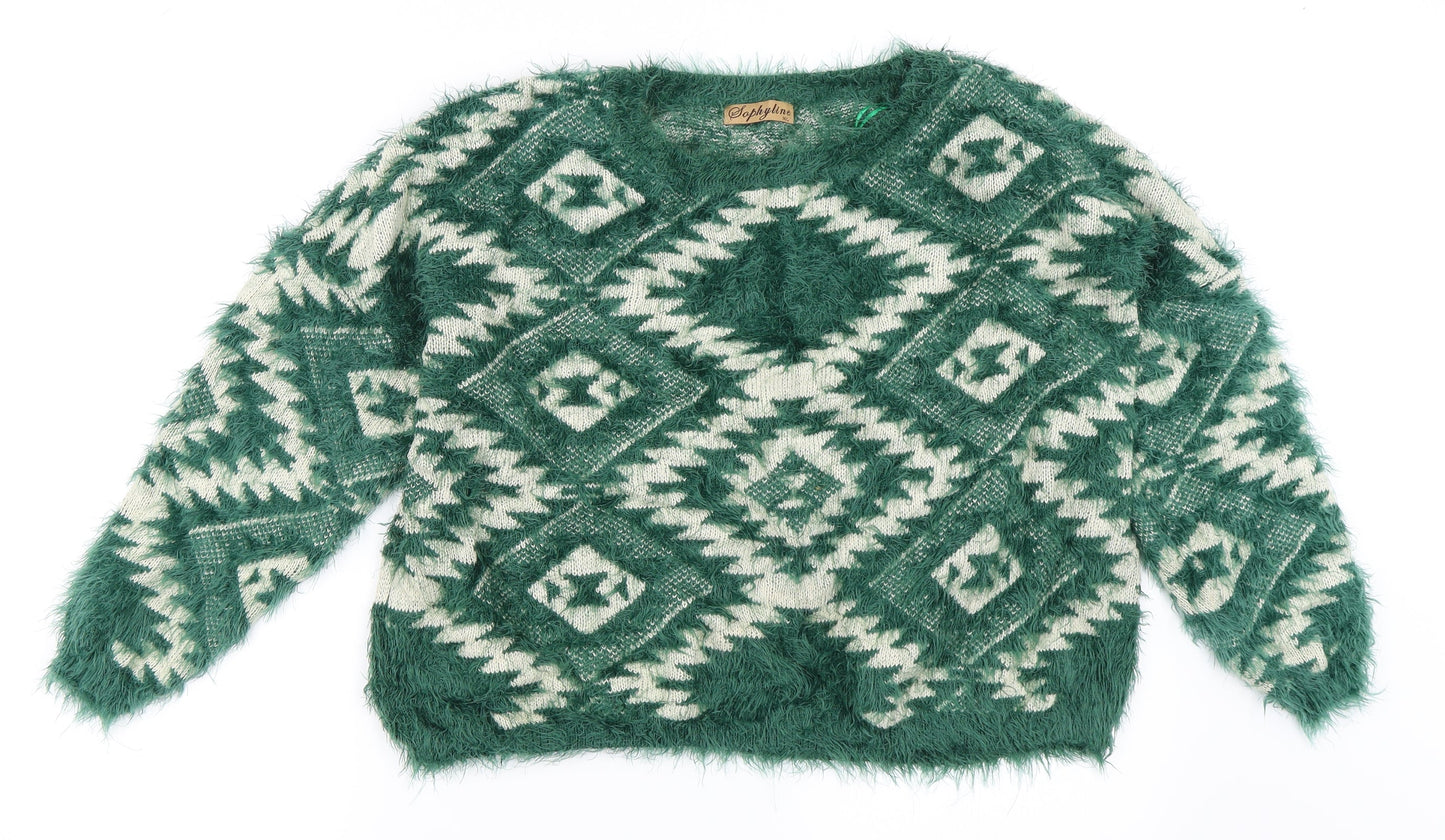 Sophyline Womens Green Geometric  Pullover Jumper Size M