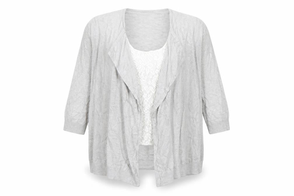 Front view of Marks & Spencer women’s grey cardigan jumper, size UK 20