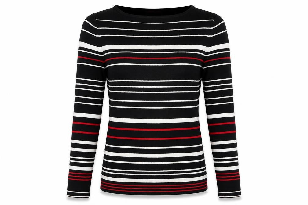 Front view of For Women women’s black striped jumper, size UK 12