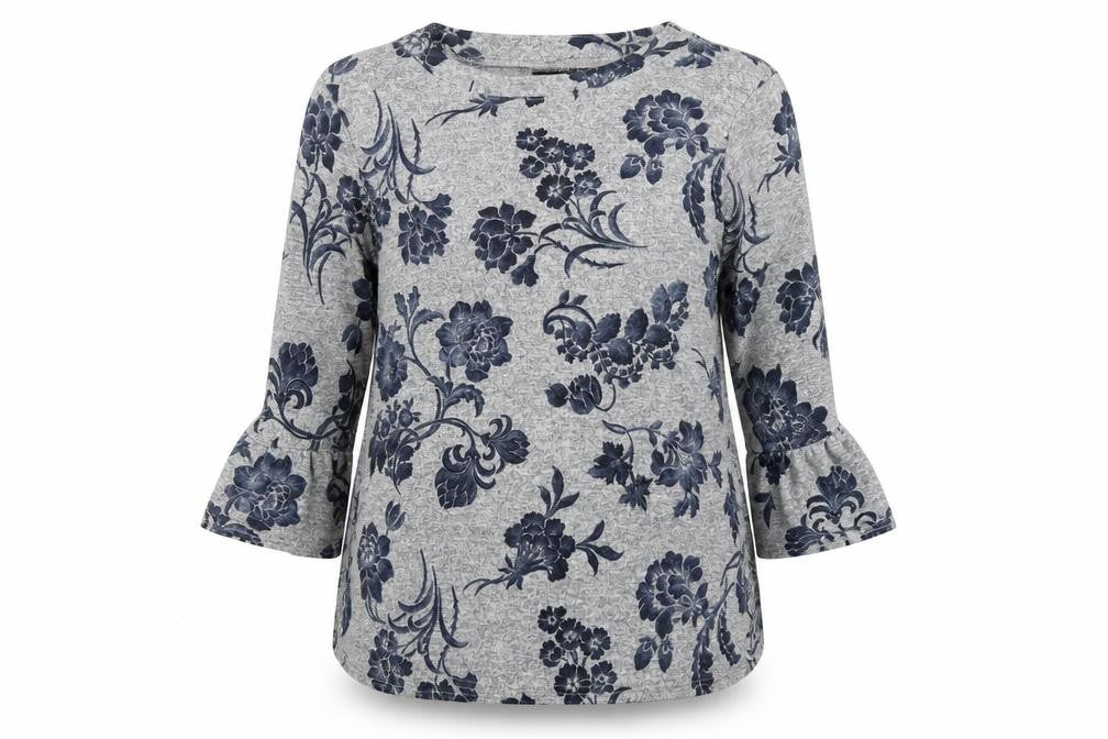 Front view of Quiz women’s grey floral jumper, size UK 14