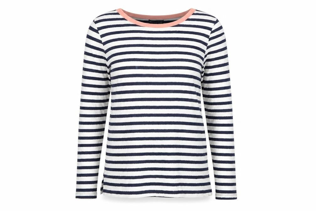 Front view of Marks & Spencer women’s white striped jumper, size UK 6
