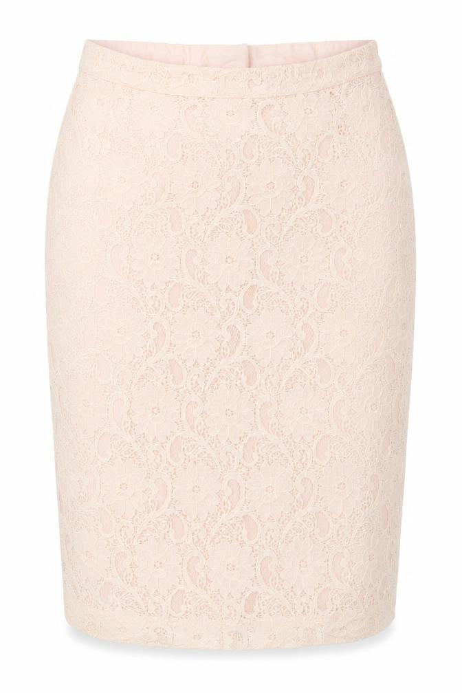 Front view of H&M women’s pink lace straight & pencil skirt, size UK 12