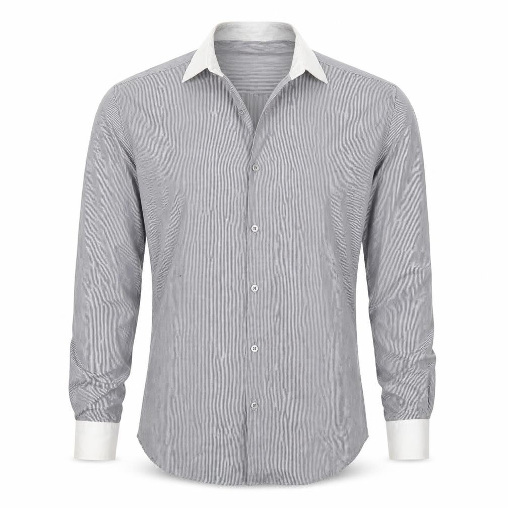 Front view of Cedarwood State men’s grey striped button-up, size 15.5