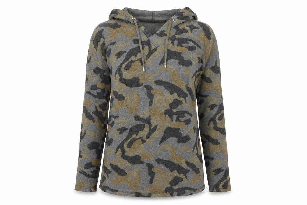 Front view of Cable & Gauge women’s grey camouflage pullover hoodie, size S