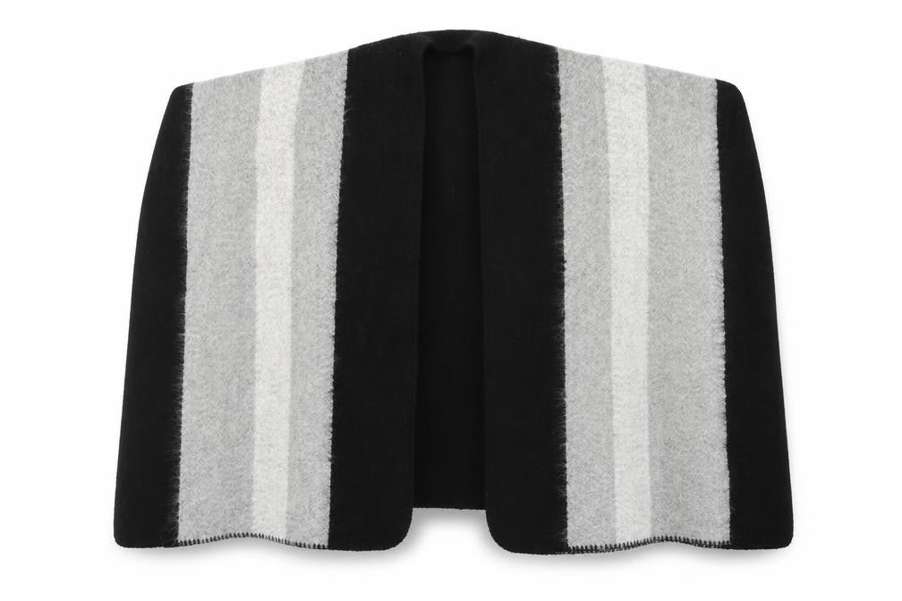 Front view of Preworn women’s black striped knit shawl/wrap