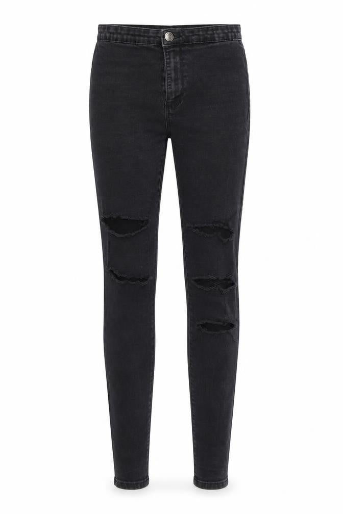 Front view of Denim & Co. women’s black denim skinny jeans, size UK 8, 29-inch leg