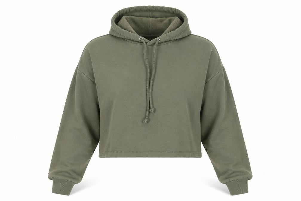 Front view of Divided by H&M women’s green jersey pullover hoodie, size S, - cropped