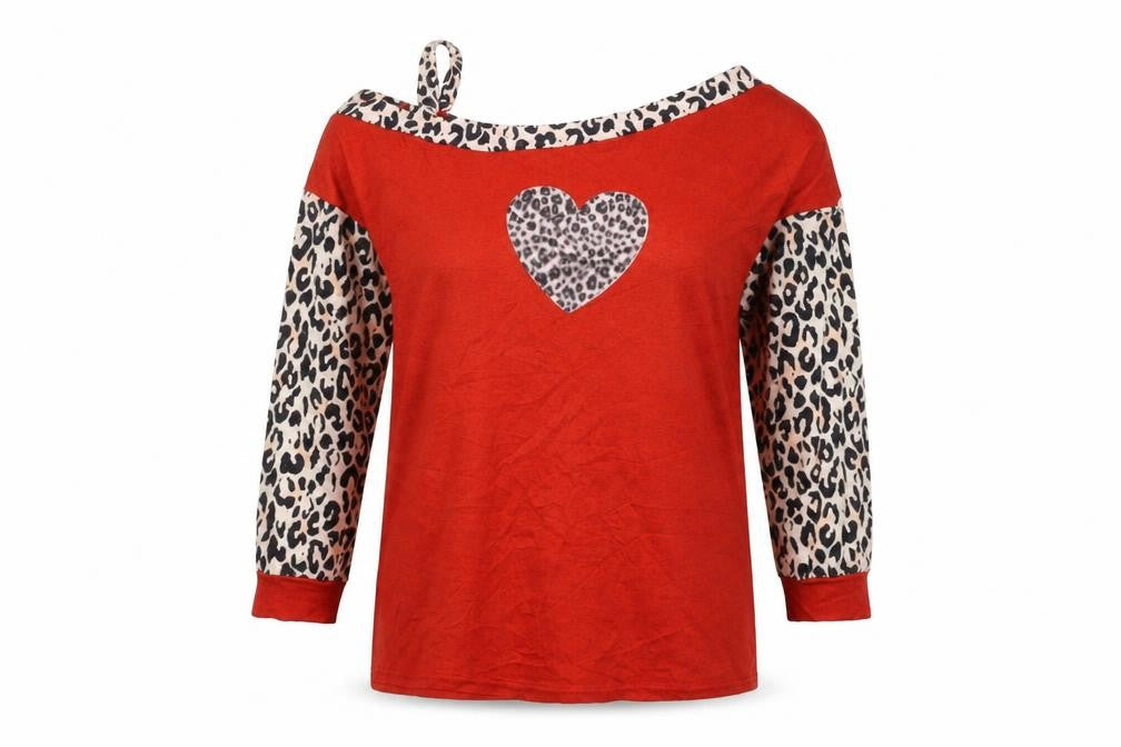 Front view of Preworn women’s red jumper, size L, - heart animal print