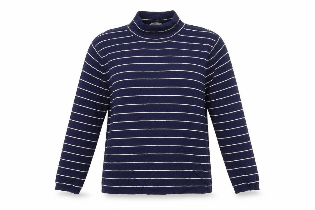 Front view of ASOS women’s blue striped jumper, size UK 8