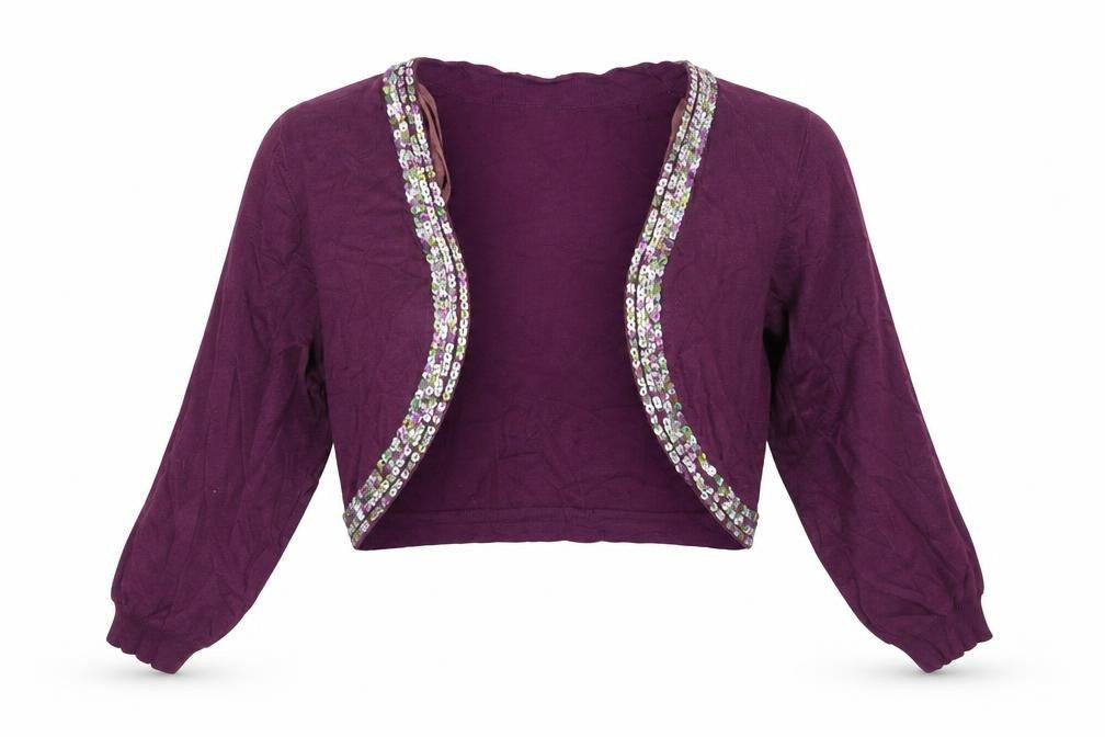 Front view of Zingara women’s purple cardigan jumper, size UK 14, - sequin