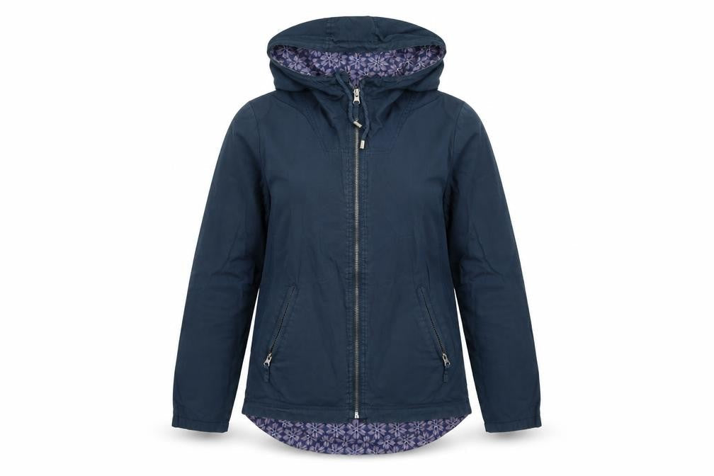 Front view of Preworn women’s blue windbreaker coat, size S