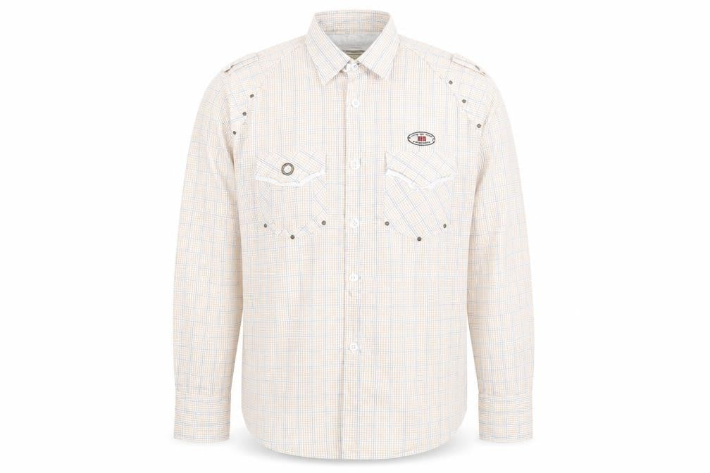 Front view of Never Nine men’s beige button-up, size XL
