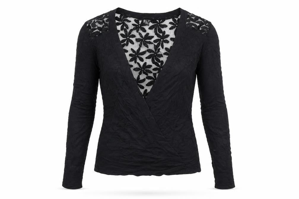 Front view of izabel women’s black knit cardigan jumper, size UK 8