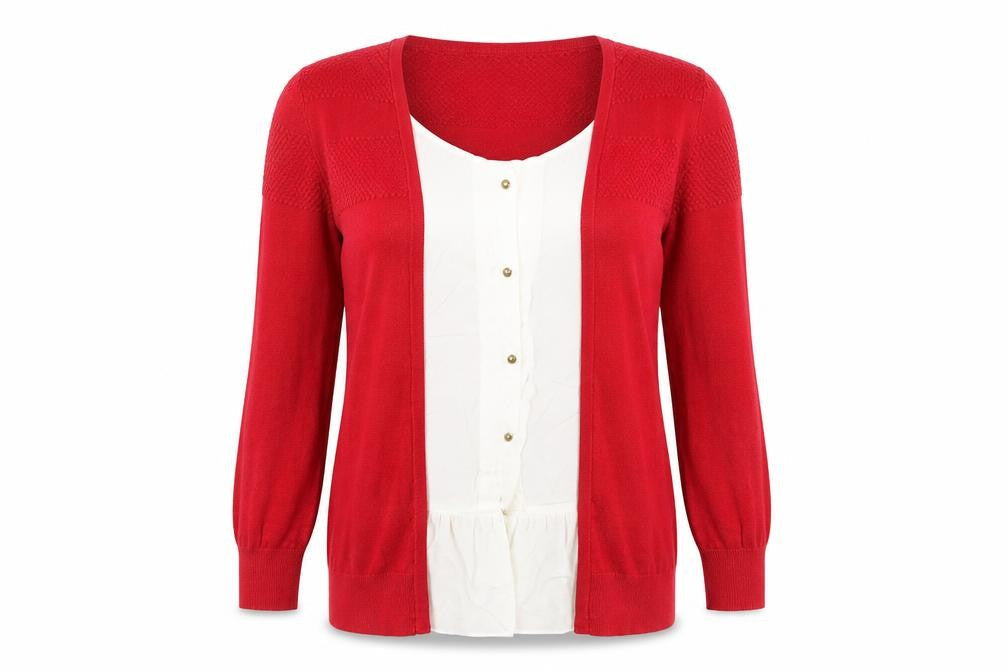 Front view of Next women’s red knit cardigan jumper, size UK 12