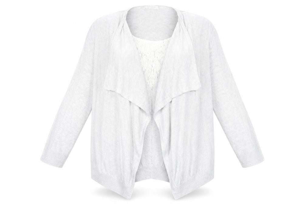 Front view of Marks & Spencer women’s grey knit cardigan jumper, size UK 8