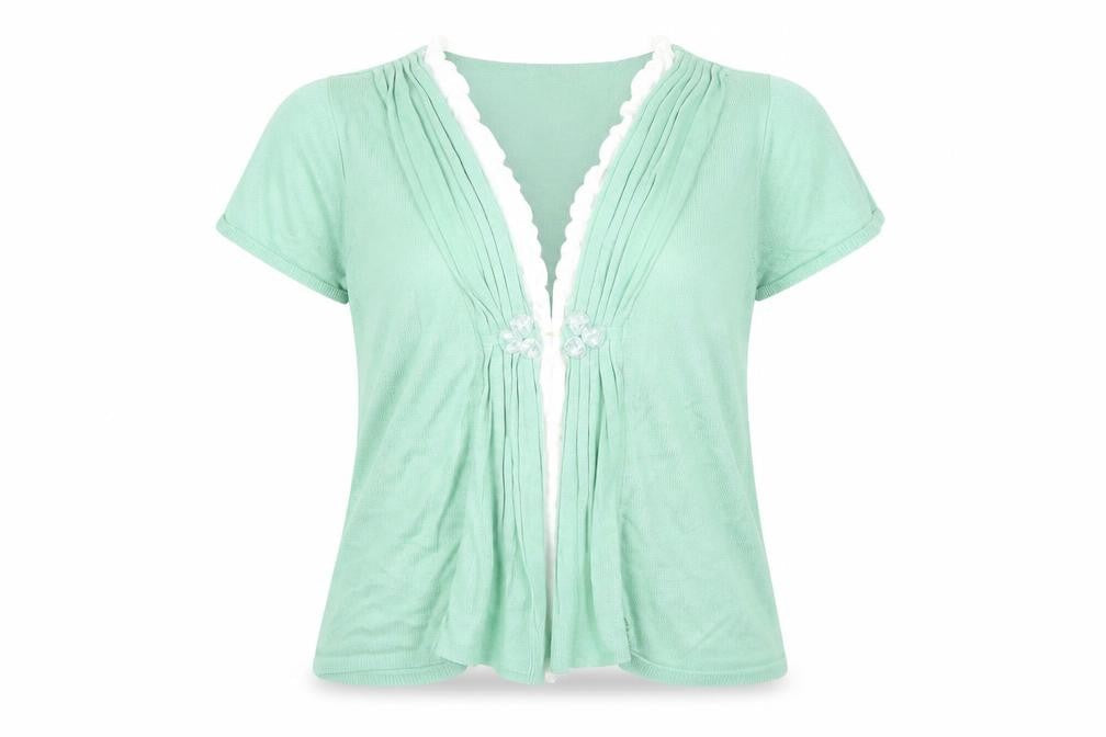 Front view of Per Una women’s green knit cardigan jumper, size UK 16
