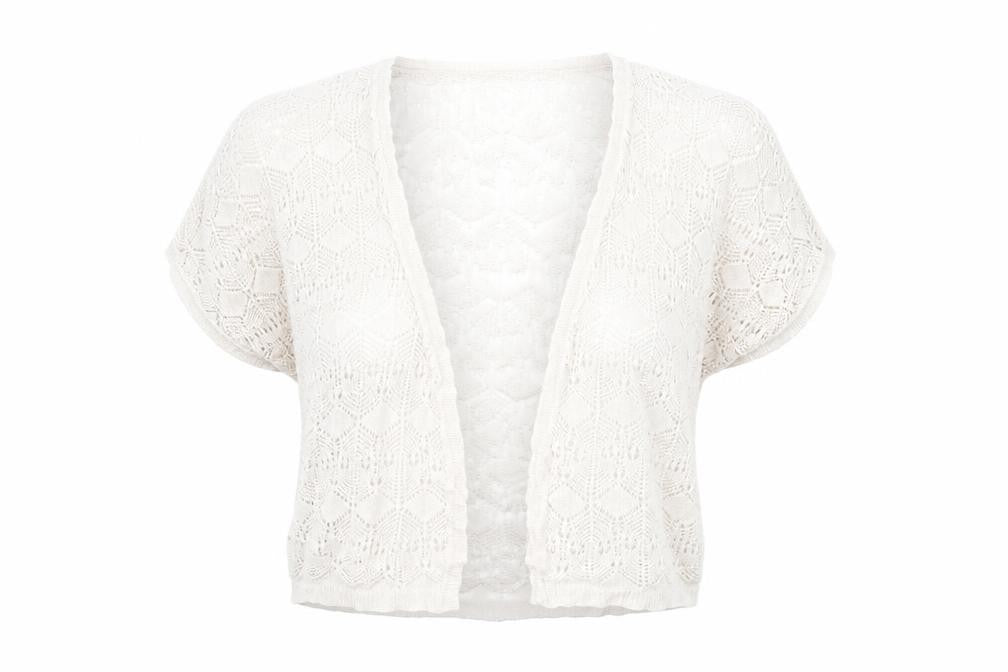 Front view of Topshop women’s beige knit cardigan jumper, size UK 14