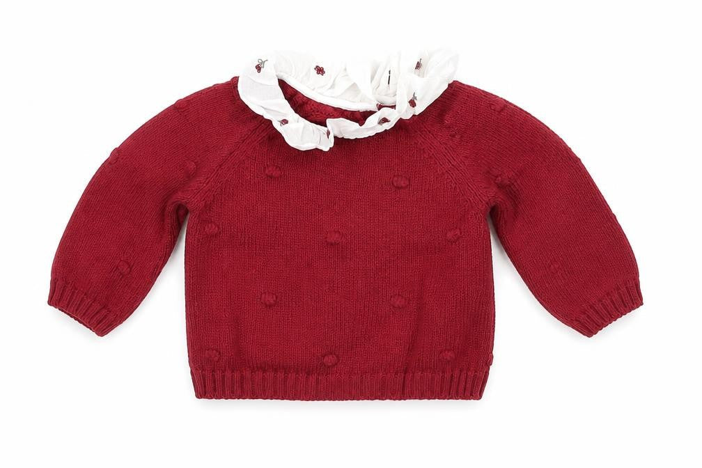 Front view of Nutmeg girls’ red knit jumper, size 0-3, months