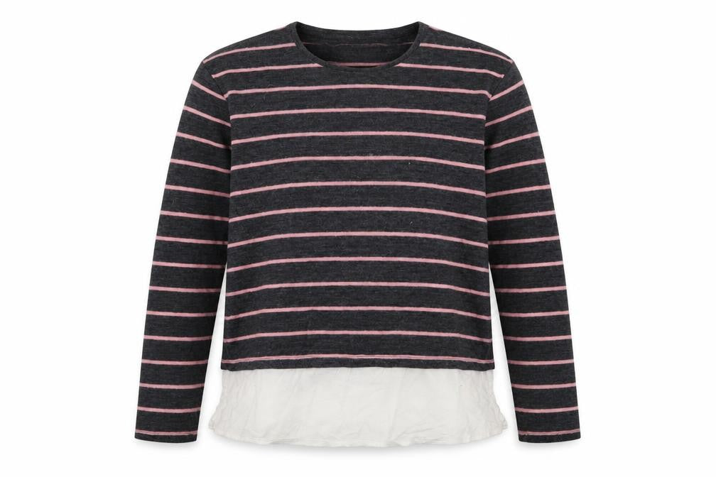 Front view of Here + There girls’ green striped knit jumper, size 13-14, years