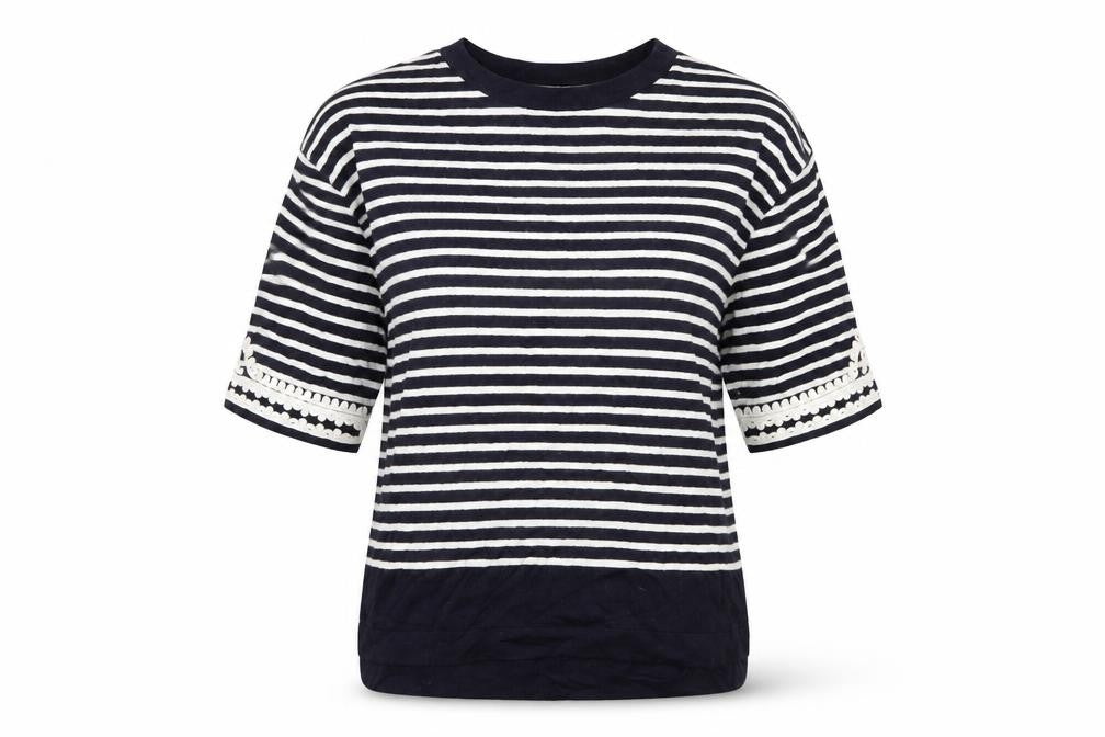 Front view of Monsoon women’s blue striped knit jumper, size M