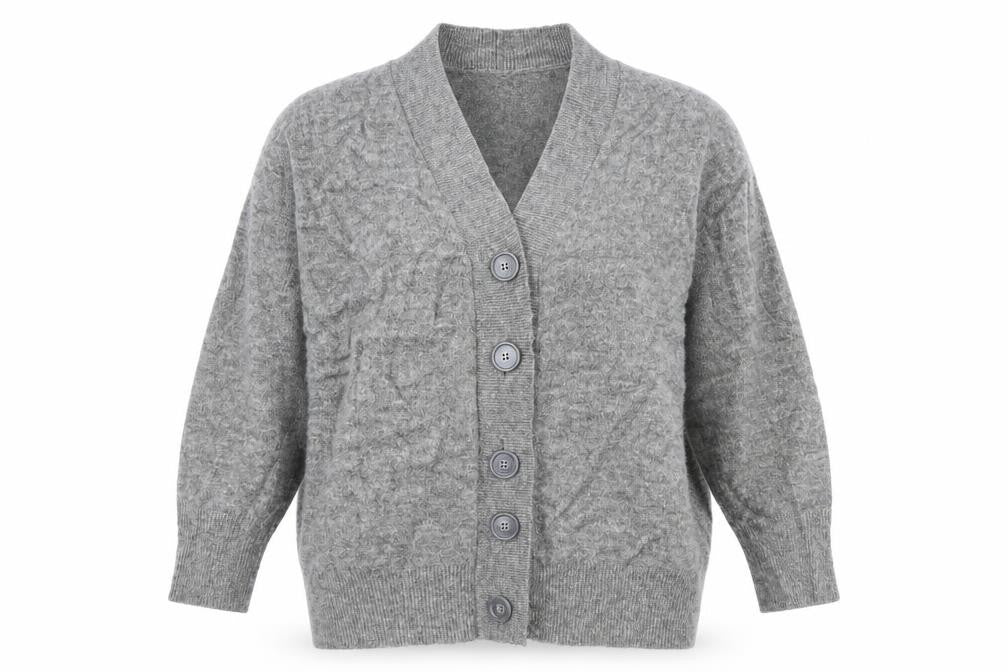Front view of HM& women’s grey knit cardigan jumper, size S