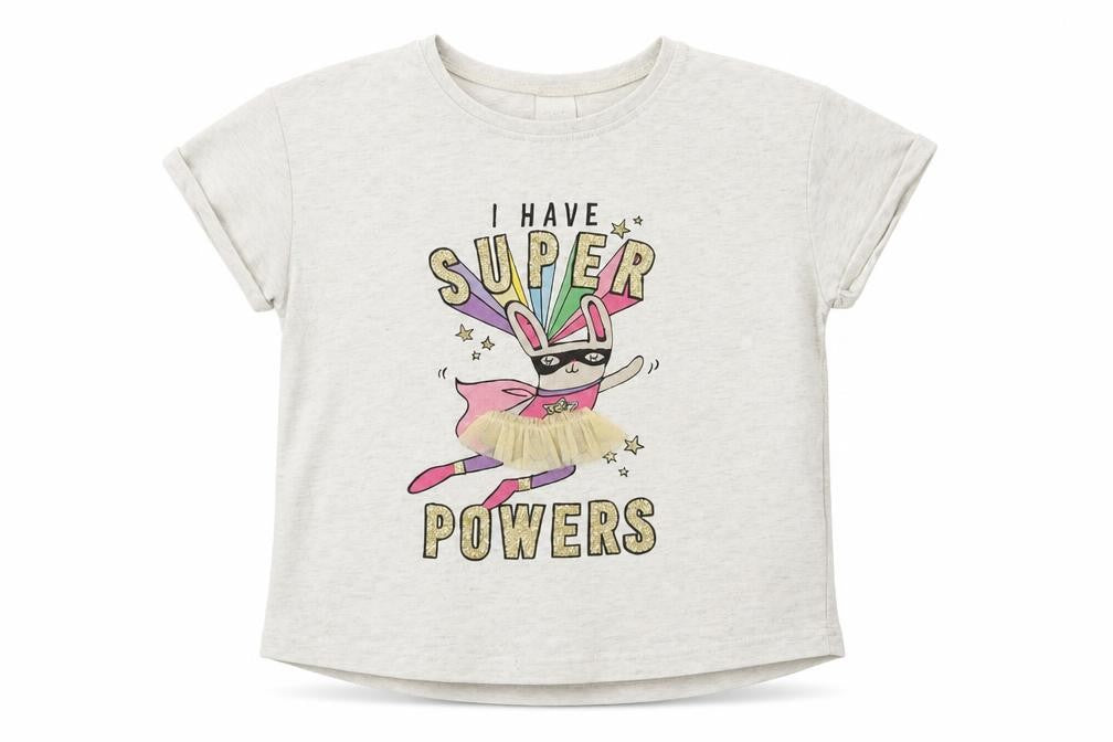 Front view of Next girls’ green jersey basic t-shirt, size 3-4, years - i have super powers