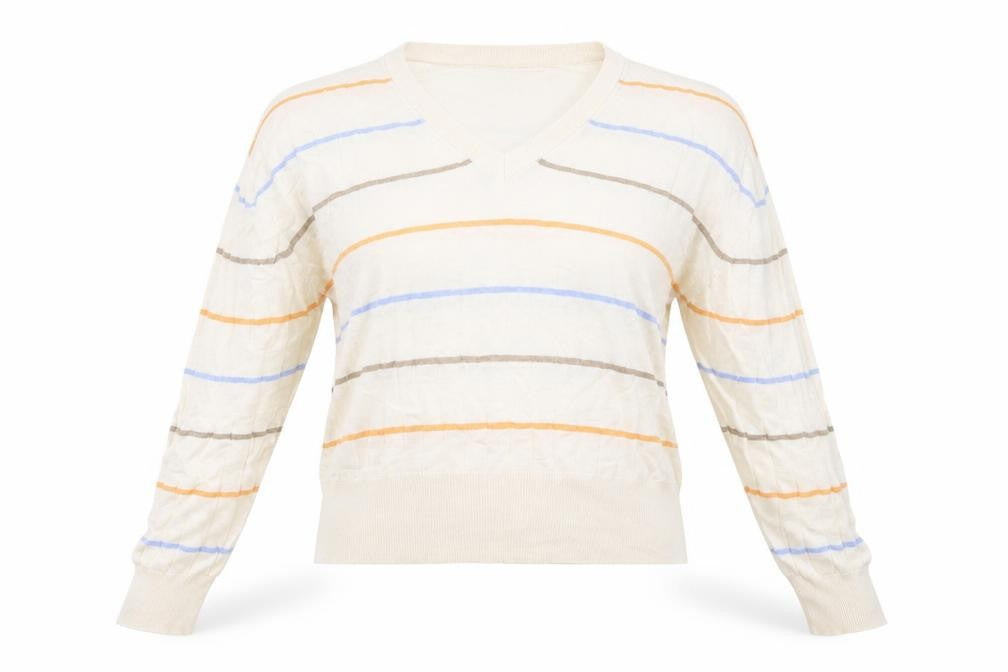 Front view of Marks & Spencer women’s beige striped jumper, size XL