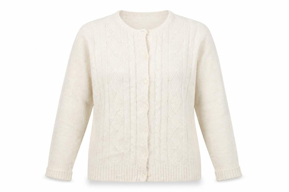 Front view of EWM women’s beige cardigan jumper, size XL
